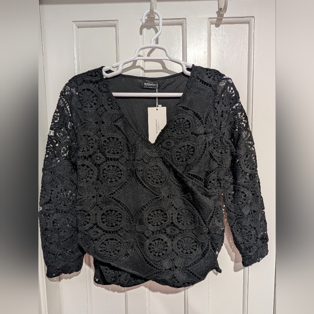 BloomChic Black Crochet Wrap Blouse